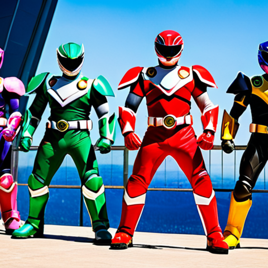 Power Rangers Team Ready for Action**
"A diverse team of Power Rangers in their iconic suits, fully clothed, standing heroically in front of their Zords (dinosaur-themed robots), appropriate attire, safe for work, vibrant colors, dynamic pose, perfect anatomy, natural proportions, professional lighting, family-friendly, emphasizing teamwork and courage, a bright sunny day in Angel Grove."
**
