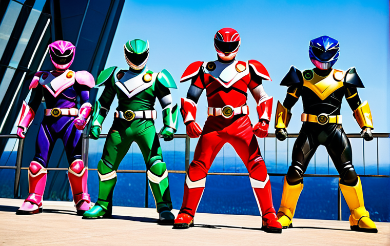 Power Rangers Team Ready for Action**
"A diverse team of Power Rangers in their iconic suits, fully clothed, standing heroically in front of their Zords (dinosaur-themed robots), appropriate attire, safe for work, vibrant colors, dynamic pose, perfect anatomy, natural proportions, professional lighting, family-friendly, emphasizing teamwork and courage, a bright sunny day in Angel Grove."
**