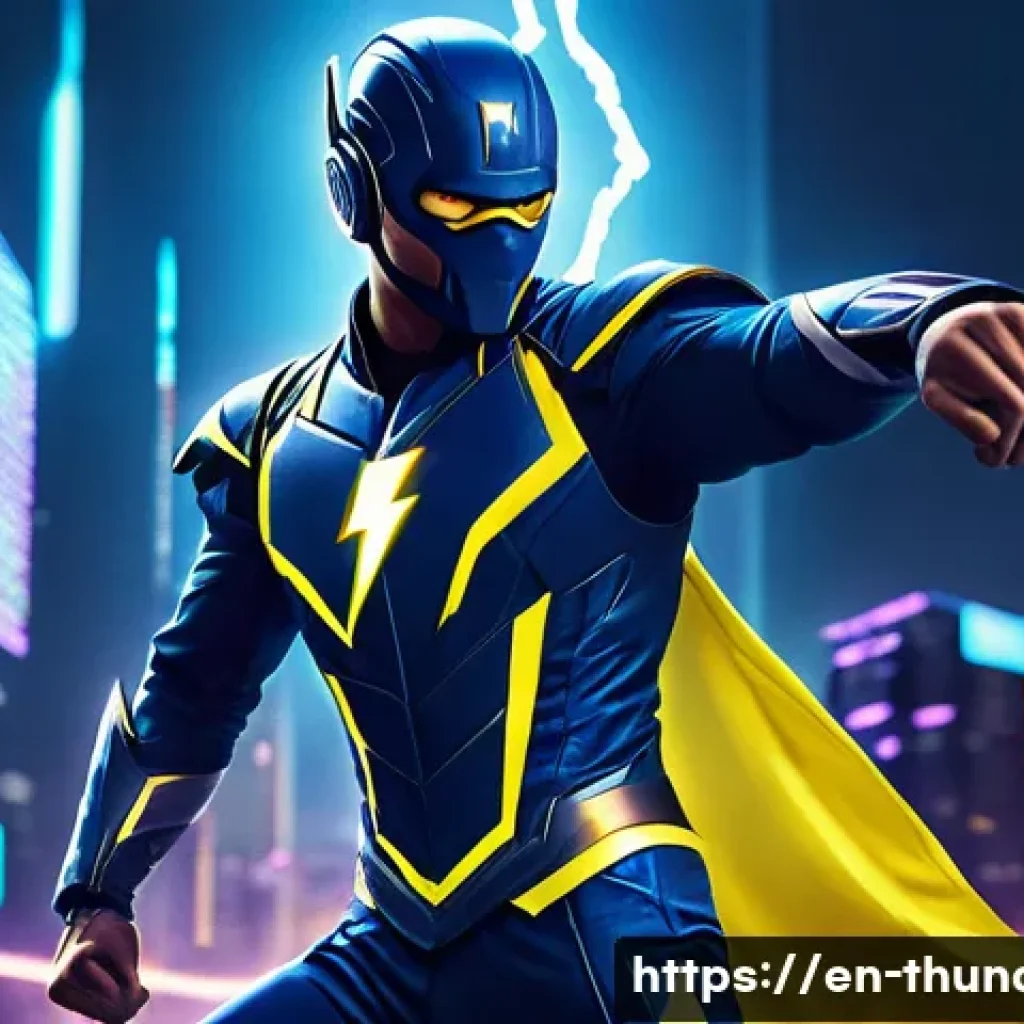 번개맨 캐릭터 디자인 - **Prompt:** "A dynamic action shot of Lightning Man soaring through a futuristic cityscape at night....