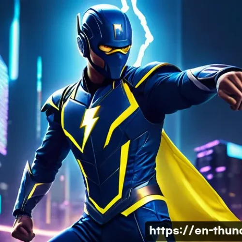 Home 30 번개맨 캐릭터 디자인 - **Prompt:** "A dynamic action shot of Lightning Man soaring through a futuristic cityscape at night....