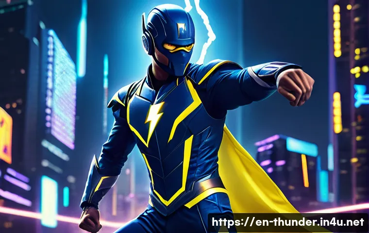 번개맨 캐릭터 디자인 - **Prompt:** "A dynamic action shot of Lightning Man soaring through a futuristic cityscape at night....