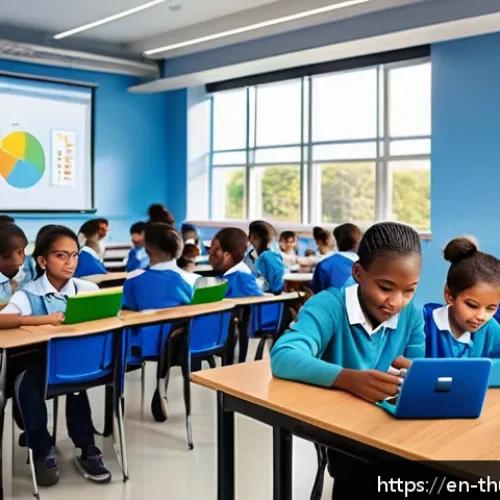 Home 29 번개맨 교육 자료 - A modern classroom scene showing diverse students actively engaged with interactive learning tablets...
