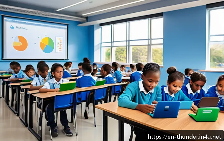 번개맨 교육 자료 - A modern classroom scene showing diverse students actively engaged with interactive learning tablets...