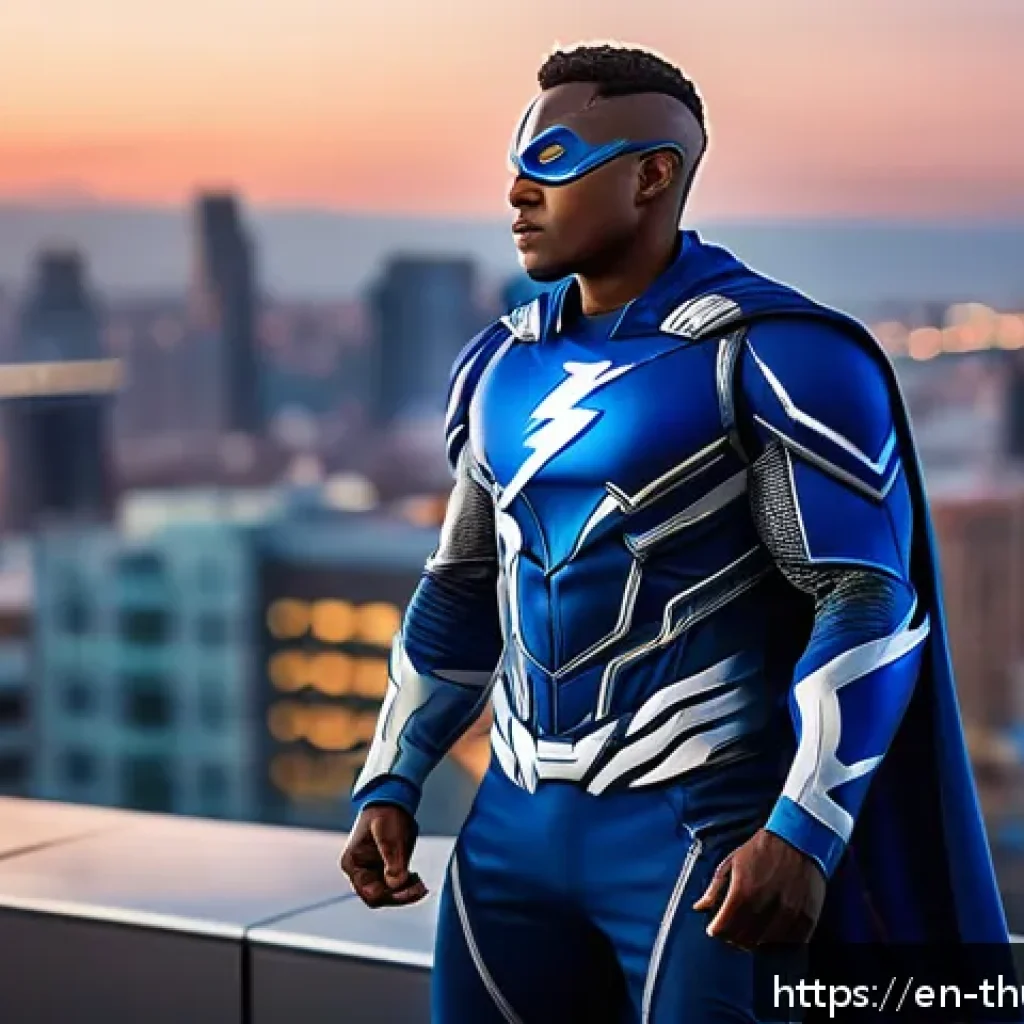 번개맨의 철학 - A dynamic superhero scene featuring Lightning Man in a sleek, modern blue and silver costume with su...