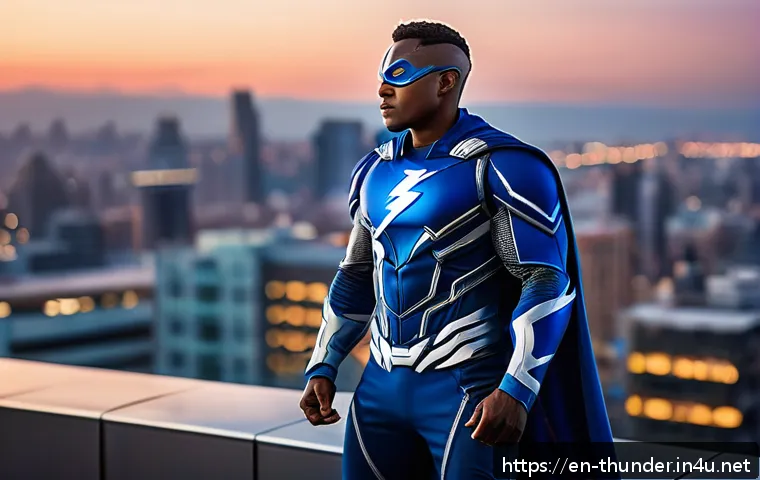 번개맨의 철학 - A dynamic superhero scene featuring Lightning Man in a sleek, modern blue and silver costume with su...