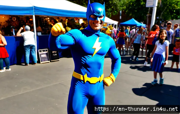 Home 17 번개맨 이벤트 정보 - Photorealistic community superhero event scene in a sunny American town plaza, a friendly adult perf...