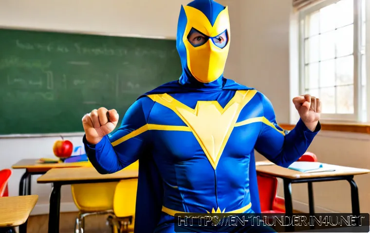 번개맨 아동 교육적 가치 - Photorealistic elementary classroom scene, a friendly costumed superhero educator in a modest blue-a...